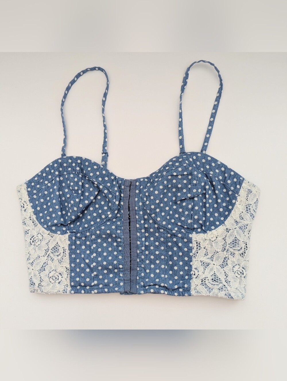Women's (Size M) Front-Close Polka-Dot Bustier/Corset/Crop Top w/Lace Panels